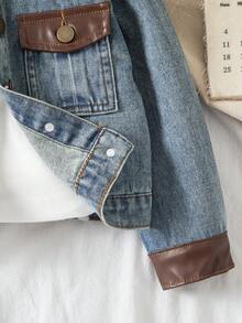 SHEIN Young Girl Denim Jacket And Coat, Retro American Niche Casual Cool Denim Jacket, New Design Contrast Color Splicing Leather Jacket, Blue Denim Top Fall Winter