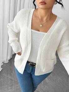 Elenzga Áo len cardigan tay dài họa tiết hai túi thoải mái, dáng rộng, lấy cảm hứng từ Blogger cỡ lớn - Màu be - Xem 7