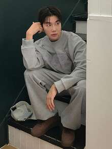 DAZY Men's Applique Embroidered Drawstring Sweatpants And Pullover Sweatshirt Set, Autumn/Winter - Grey - View 4