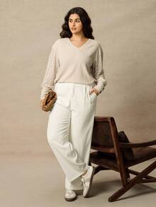 Juhart Spring/Autumn V-Neck Ribbed Patchwork Sleeve Hollow Lace Trim Plus Size Women T-Shirt