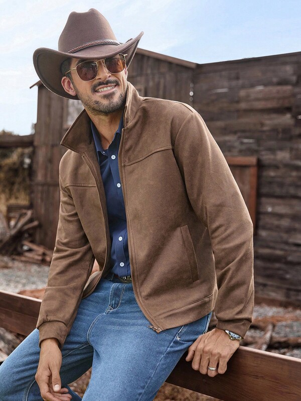 Manfinity Nomadique Chaqueta casual de estilo occidental vintage de ante marrón para hombres, chaqueta de vaquero para hombres, chaqueta casual para hombres, chaqueta de ante para hombres, chaqueta de ante marrón, chaqueta de forro polar