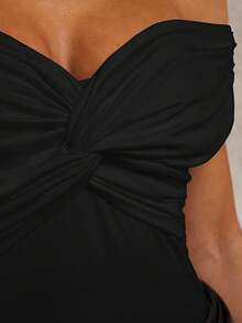 COSMINA Bộ đồ liền thân hở vai xoắn phía trước gợi cảm tối giản màu trơn dành cho nữ, mùa hè - màu đen - Xem 7