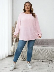 SHEIN CURVE+ 大码户外上衣，大码休闲圆领落肩宽松长袖T恤，秋季大码服装 - 粉色 - 查看 6