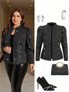 Ellevyn Giacca da donna con texture in tweed e decorazione in metallo, elegante per uso quotidiano, casual, business e pendolarismo, abbigliamento autunnale per donna in taglie comode