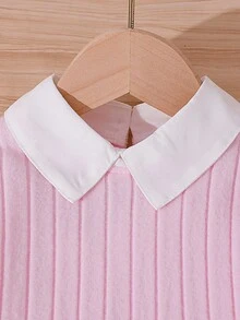 Souflis Souflis Baby Girls' Fashion Ribbed Patchwork Long Sleeve Collared Shirt And Ribbed Pink Pants Set Fall Winter - Pink - View 4