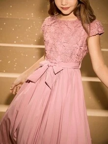 少女优雅奢华粉色圆领蝴蝶结中长连衣裙，适合度假、晚会、婚礼、花童、生日、毕业典礼、圣诞节、万圣节等场合 - 粉色 - 查看 8