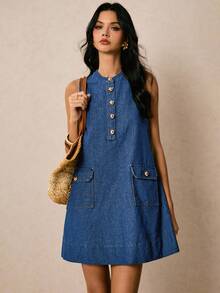 Poéselle 新品 女式牛仔连衣裙 半开襟无袖 A 字直筒连衣裙 蓝色 秋季服装 法式休闲 女士休闲连衣裙 度假连衣裙 返校节连衣裙 外出连衣裙 复古连衣裙 返校节生日连衣裙 女士教师装 纽扣连衣裙 女式牛仔连衣裙 牛仔迷你连衣裙 带口袋连衣裙 无袖牛仔连衣裙 纽扣前开襟连衣裙 带口袋牛仔连衣裙 - 中等水洗藍 - 查看 5