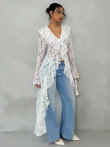 Glamine Spring & Summer Romantic Vacation Ruffled Elegant Lace See-Through Women's Long Thin Coat,Vacation Outfits Woman Summer Tops ,Summer Outfits For Women Business Casual Woman,White Cardigan Women, Lace Top Women Tops Summer Boho Outfits Women Fall Winter Cloth For Women