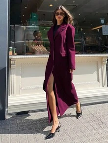 Aloruh New Burgundy & Purple Versatile Extra Long Oversized Lapel Cinched Waist Overcoat, Halloween Fall Winter - Red Violet - View 7