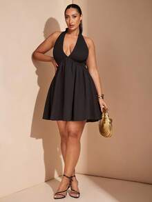 SHEIN BAE Plus Size Black Woven Drawstring Waist A-Line Backless Dress,Women Elegant Formal Evening Summer Sundress,Night Out Club Birthday Wedding Guest Outfit - Black - View 5