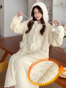 DAZY Thick Fleece Hooded Loose Women's Robe, Fall Winter Fluffy, Cozy - Beige - View 1