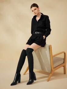 CUCCOO BASICS CUCCOO Fashionable Versatile Black High Heel Over-The-Knee Boots - Black - View 5