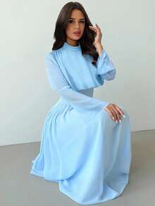 Firerie 女士优雅高领喇叭长袖中长连衣裙，适合春季、夏季、秋季、冬季、通勤、优雅、波西米亚、浪漫、约会、婚礼、毕业、音乐会、工作、女士生日连衣裙 - 藍色 - 查看 4