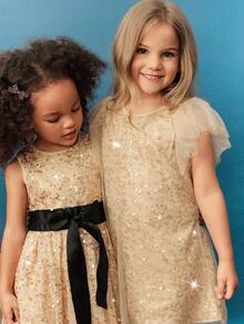 Maija Kids Elegant Shiny Gold Sequin Mesh Design Ruffle Sleeve Round Neck Party Dress, Suitable For Christmas And Daily Wear, Classic Fashion, Autumn/Winter - Gold - View 5