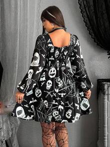 Whyspr Halloween Plus Size Women's Criss-Cross Straps Regular-Shoulder Lantern Sleeve Punk Style Skull Print Dress Fall Cloth For Women - Multicolor - View 2