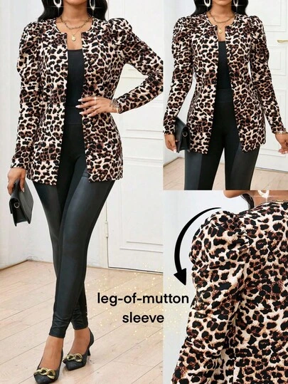 SHEIN Lady 大码女士优雅豹纹前开衩大码西装外套、女士夏装、女士夏装连衣裙、女士度假服、女士沙滩装、女士婚礼宾客礼服、女士生日礼服、猎豹印花商务休闲装、女士生日装、女士独立日秋季服装、女士秋季夹克、女士教师服装