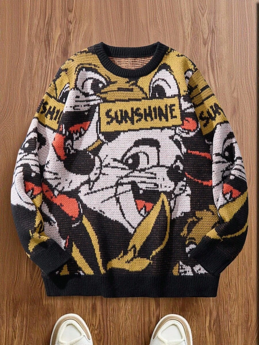 Manfinity Roghcode Suéter con estampado de dibujos animados de moda para hombres en otoño/invierno - Multicolor - Ver 1