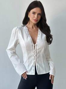Firerie Women's Elegant Off-White Autumn Dinner Date Lace Patchwork V-Neck Long Sleeve Button Front Cotton Blend Fitted Shirt,Daily Casual Commute Office Wear - White - View 8