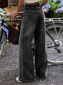 DAZY 女式常规腰部水钻装饰宽松休闲牛仔裤，街头风格 - 黑色 - 查看 5