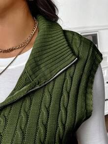 EMERY ROSE Plus Size Women Solid Color Knitted Mock Neck Cable Knit Collegiate Style Zip Front Vest, Autumn/Winter - Olive Green - View 7