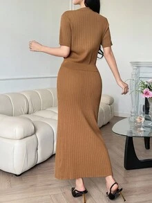 DAZY 女士休闲 V 领短袖开衫和裙子两件套，秋季 - 棕色 - 查看 2