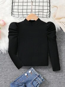 Emery Rose Kids Emery Rose Kids Young Girl Fitted Vintage Gigot Sleeve Mock Neck T-Shirt, Sport Style ,Great For Casual & Daily Wear & School Daily In Autumn & Winter, Cool Street Style, Daily Wear, School Daily , Halloween, Y2k , Casual & Cute, Sisters, Mom And Daughter Matching, Black - Black - View 4