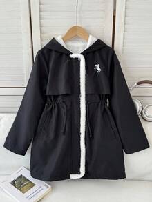 SHEIN Áo khoác parka thêu có mũ trùm đầu cho bé gái tuổi teen, có lớp lót giữ nhiệt, áo khoác mùa thu/đông cho bé gái, áo khoác có mũ trùm đầu màu đen cho bé gái, áo khoác lót lông cừu màu đen cho bé gái, áo khoác có mũ trùm đầu cho bé gái, áo khoác lông cừu thời trang có khóa kéo cho bé gái, áo khoác lông cừu cho bé gái, áo khoác Sherpa cho bé gái màu đen - màu đen - Xem 4