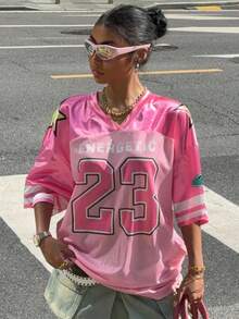 Muchica Women's New V-Neck Casual Sporty Letter & Graphic Patchwork Oversized Loose Tee T-Shirt, Pink