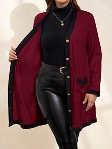 SHEIN Clasi Áo khoác cardigan dài ấm áp cài nút kim loại thanh lịch và thoải mái cho nữ cỡ lớn, màu đen và trắng, dành cho mùa thu, áo gió nữ, trang phục công sở cho nữ - Màu Đỏ Sâu - Xem 3