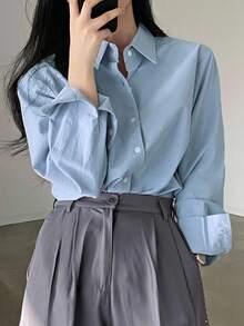 DAZY Women's Plain And Simple Long Sleeve Daily Shirt,Long Sleeve Tops,Fall Clothes - Blue - View 4