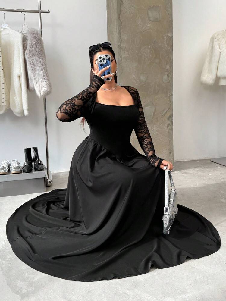 GalTyme Plus Size Women Elegant Swan Collar Contrast Lace Long Sleeve  Flared Hem Party Dress Plus Size Formal Dress Black Lace Sleeve Gown Plus  Size Black Ball Gown Black Plus Size Evening
