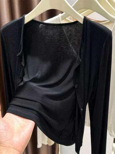 INAWLY Women's Solid Color Comfortable Breathable Long Sleeve Front Button Casual Versatile Thin Cardigan