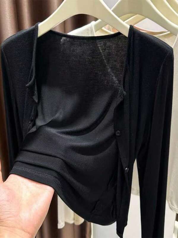 INAWLY Women's Solid Color Comfortable Breathable Long Sleeve Front Button Casual Versatile Thin Cardigan