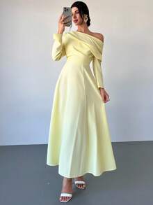 Firerie 女士优雅日常时尚新款浅黄色不对称露肩长袖超长连衣裙，A 字腰收腰奶油黄色长裙，适合毕业典礼、派对、下午茶、海滩、茶会、优雅、通勤、约会、婚礼季、毕业装、舞会、表演服、音乐会、工作服、年会 - 黃色 - 查看 2