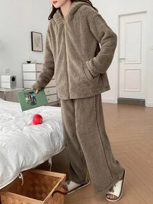 DAZY 女士加厚抓绒休闲连帽宽松家居服套装，秋冬保暖蓬松睡衣，舒适套装 - 卡其色 - 查看 4