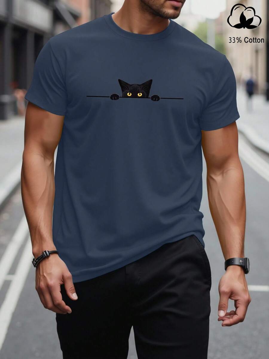 Manfinity Homme Men's Casual Cat Print Short Sleeve T-Shirt, Simple Design - Blue - View 1