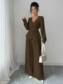 Elenzga 新款春秋奶油黄亚麻V领交叉长袖衬衫和高腰宽松阔腿裤两件套女装 - 棕色 - 查看 3