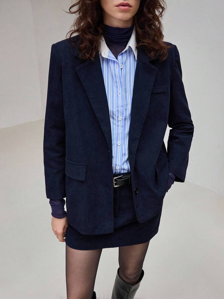 2025 New Winter Women's Blazer, Modern Urban Style, Solid Color, Navy Blue, Comfortable Fabric, Loose Fit, Button Closure, Casual Commuter, With Hood, Daily Wear, Autumn Winter, Solid Color, Halloween, Christmas, Women's Office Wear, Comfortable Fabric, Women's Outerwear, Fashionable & Versatile Women's Jacket, Women's Autumn Solid Color Lapel Long Sleeve Casual Blazer, Fashionable & Versatile Women's Blazer