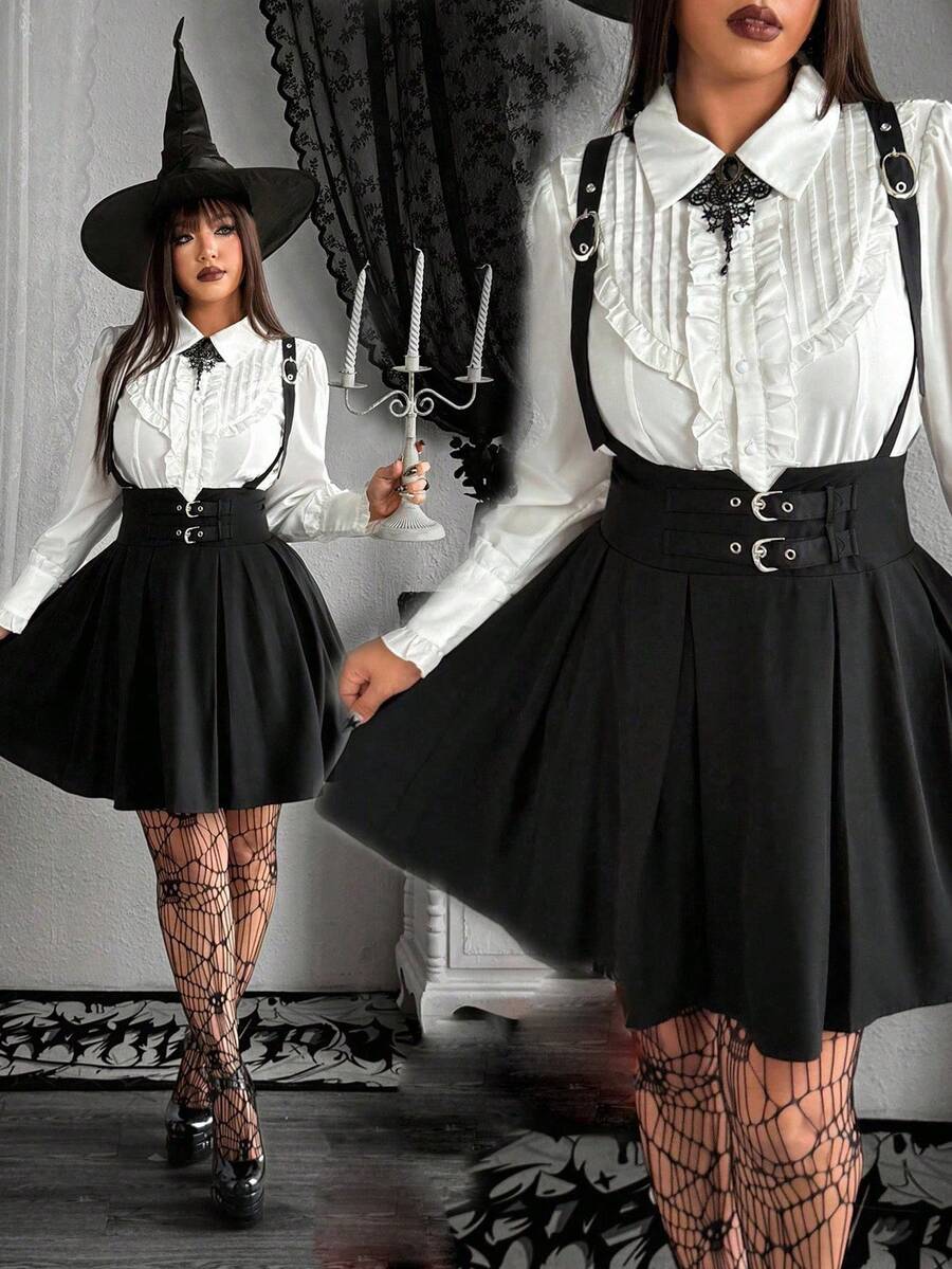 Whyspr 大码时尚深色褶皱背带裙 - 黑色 - 查看 1