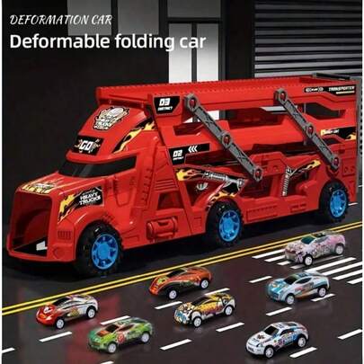 Juguete de coche de lanzador de acrobacias plegable - Camión de construcción con propulsión por inercia con 8 vehículos en miniatura aleatorios, regalo para niños y niñas de 3 a 6 años