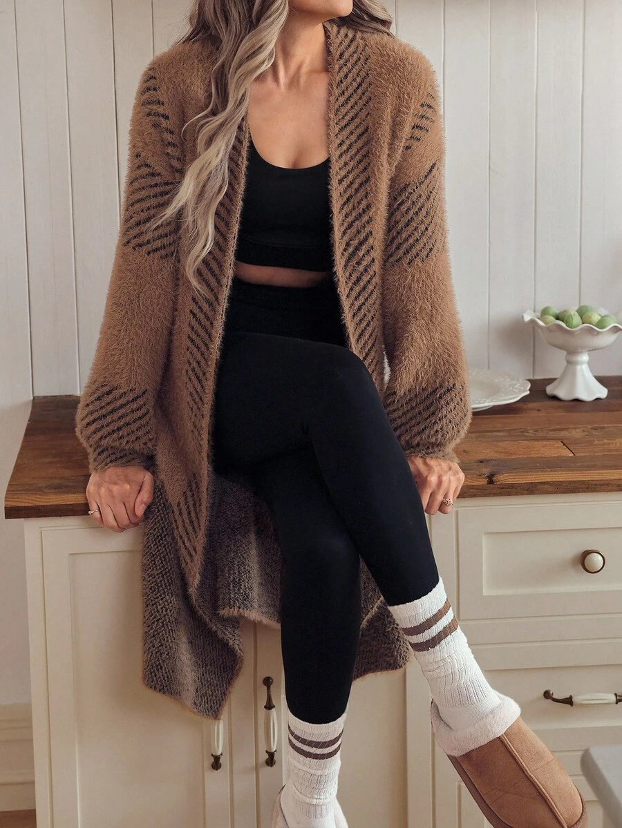 Louniche 女士休闲蓬松针织开衫，秋冬 - 棕色 - 查看 1