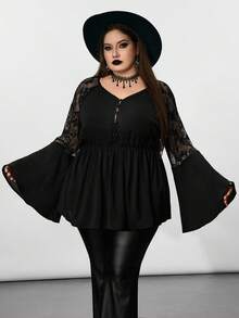 SHEIN CURVE+ Plus-Size Women's Black Long-Sleeved Lace-Spliced Solid-Color Top, Black Shirt/Autumn /Winter Halloween - Black - View 6