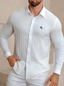 Manfinity Mode Áo sơ mi công sở dài tay màu trắng, vải jacquard gợn sóng độc đáo, thoải mái, tối giản và thanh lịch, phù hợp mặc đi làm hoặc thường ngày, mùa thu - trắng - Xem 3