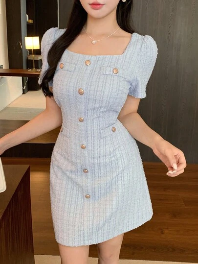 DAZY 方领纹理纽扣装饰女式短裙