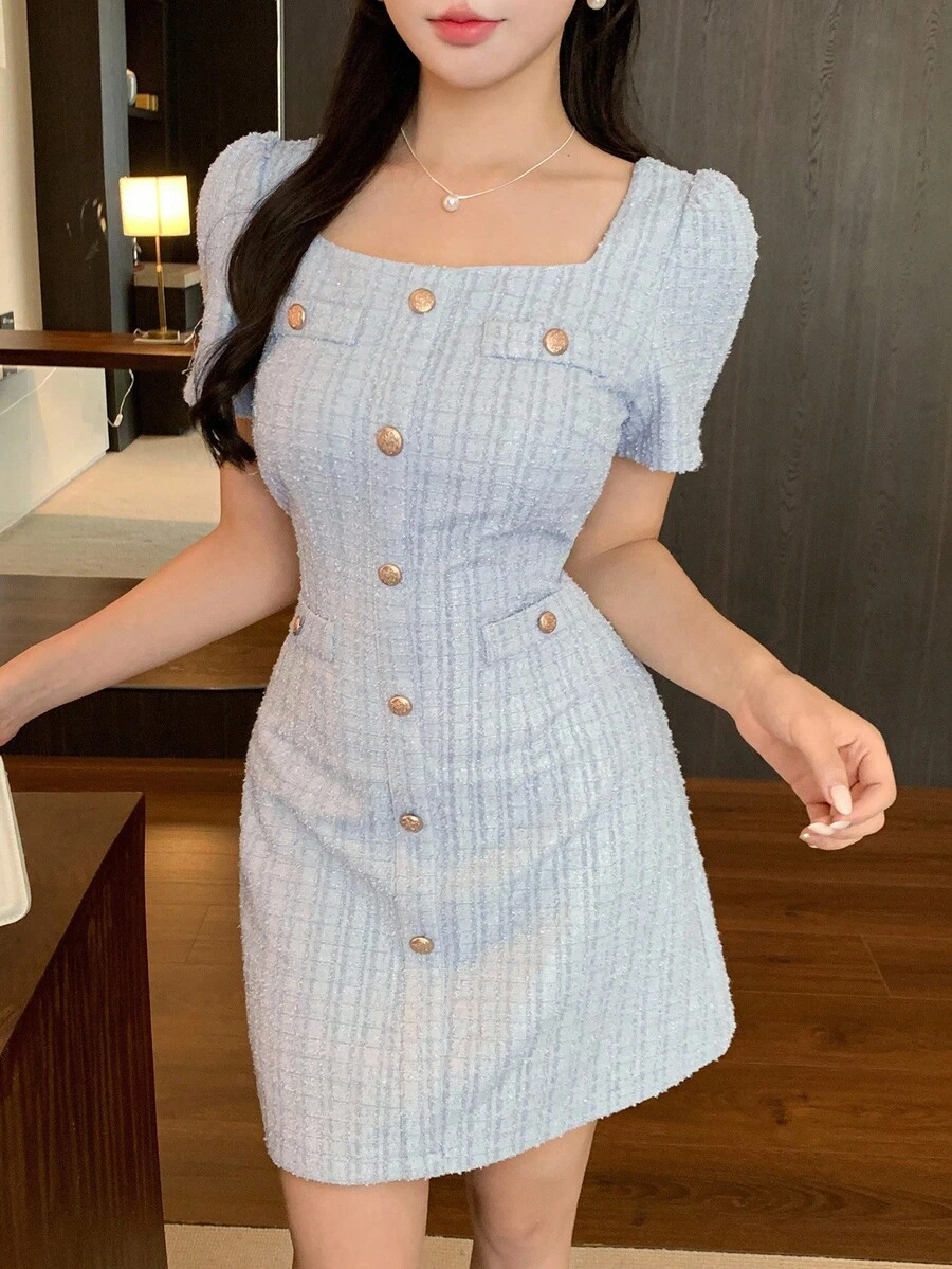 DAZY 方领纹理纽扣装饰女式短裙 - 淺藍色 - 查看 1