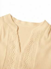 Ellevyn Women's Woven Jacquard Texture Spring Style Deep V-Neck Solid Color Ruffle Hem Lace Trim Summer Dress - Khaki - View 8