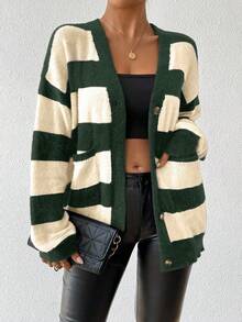 EMERY ROSE New Autumn/Winter Design Striped Faux Mink Fleece Cardigan Sweater For Women