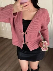 Feyla Cardigan feminino confortável com botões de metal e corrente, outono e inverno - Rosa - Ver 2