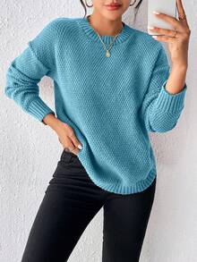 EMERY ROSE Casual Solid Color Arched Hem Sweater, Autumn/Winter - Teal Blue - View 5