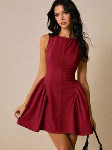 Poéselle Women's Solid Color Button Design Ruched Sleeveless Fashion Mini Dress - Red - View 7